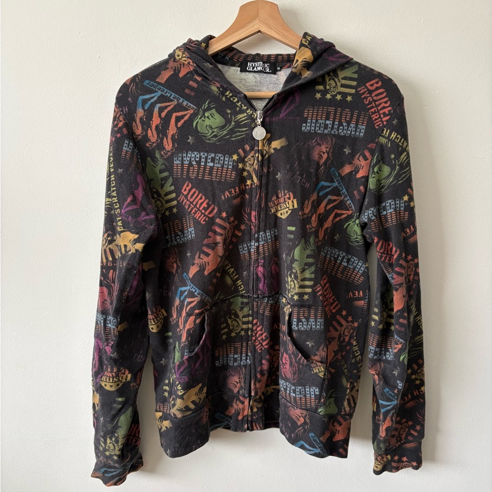 Hysteric Glamour Black Graphic Zip Hoodie with Multicolor Prints